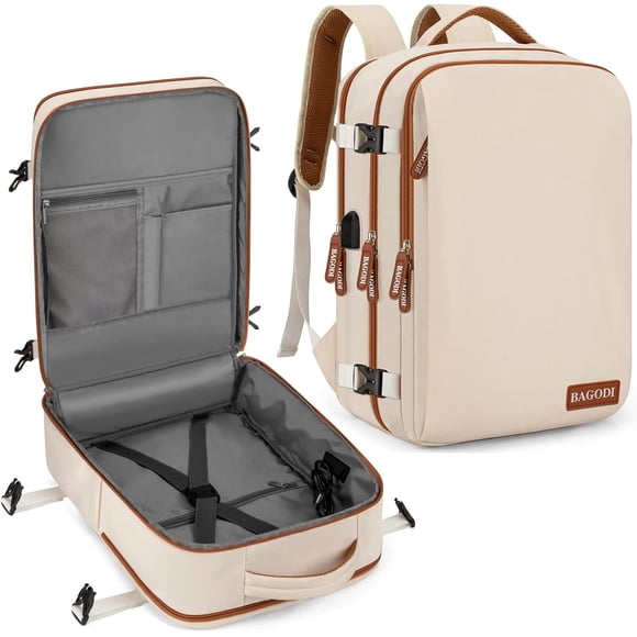 40L Flight-Compliant Waterproof Polyester Travel Backpack with USB Charging Port, Anti-Theft Back Pocket & Convertible Design – Ideal for Air Travel, Camping, Hiking & College (Khaki, 18.5x12.6x8
