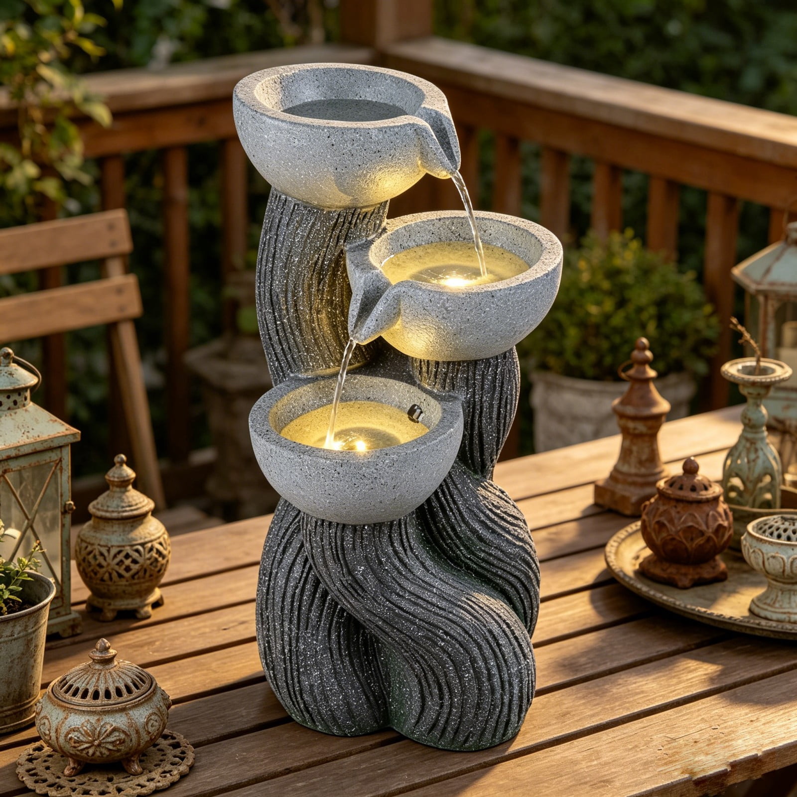 DRAZUNO 18.5"H Outdoor Water Fountain 3-Tier Cascading Bowl Tabletop Waterfall Fountain