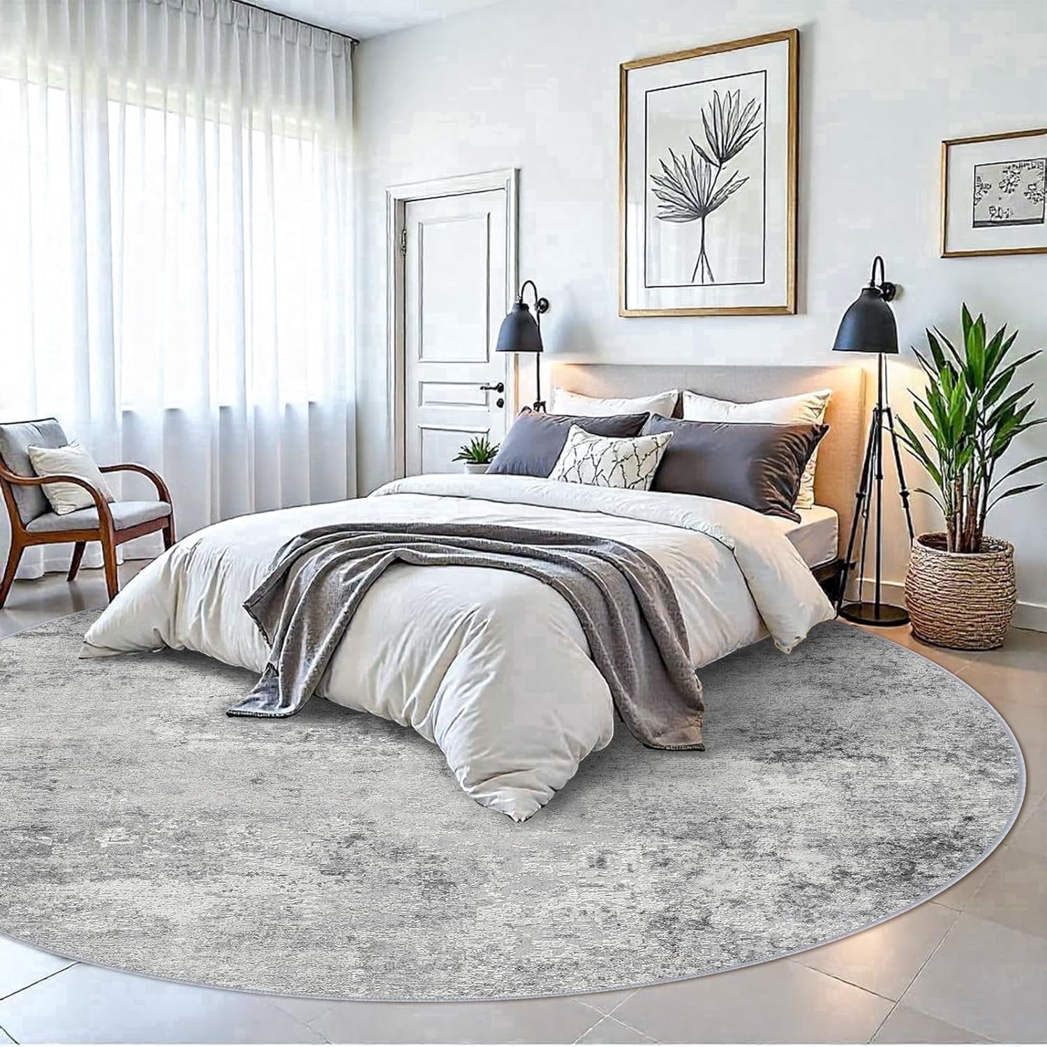 YOUFORTONG 9ft Round Washable Abstract Area Rug, Modern Low Pile Carpet, Soft Non-Slip Stain Resistant Indoor Mat for Living Room Bedroom Dining Room,Grey