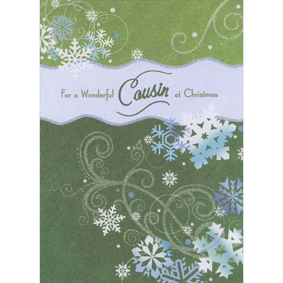 Designer Greetings Sparkling Swirls and White, Blue and Purple Snowflakes on Green Christmas Card for Cousin