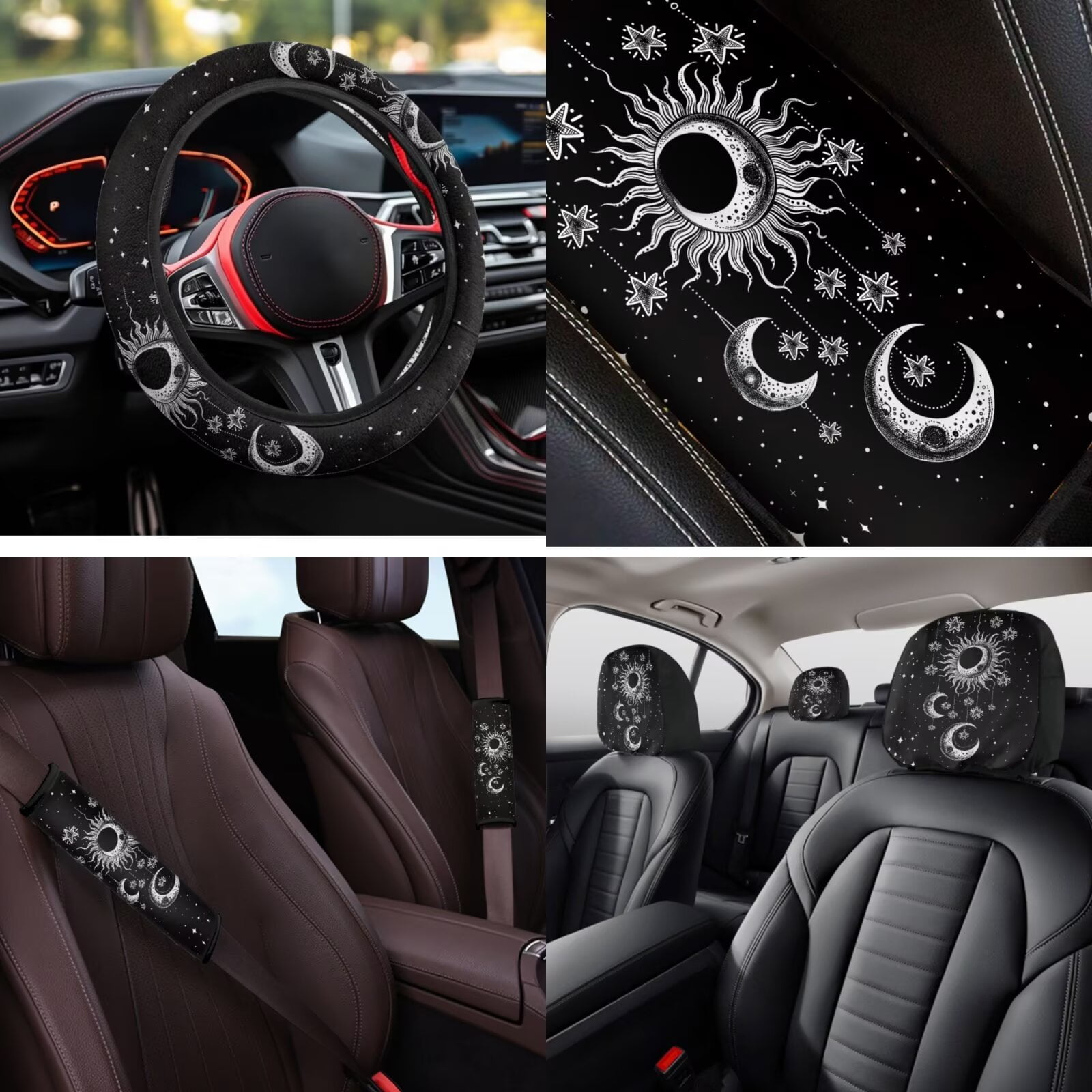 Garronmavis Gothic Sun 14 Pcs Car Seat Covers Set with Headrest Protector Car Steering Wheel Accessories Auto Armrest Cover Seat Belt Covers Full Coverage Universal Fit for Cars SUV