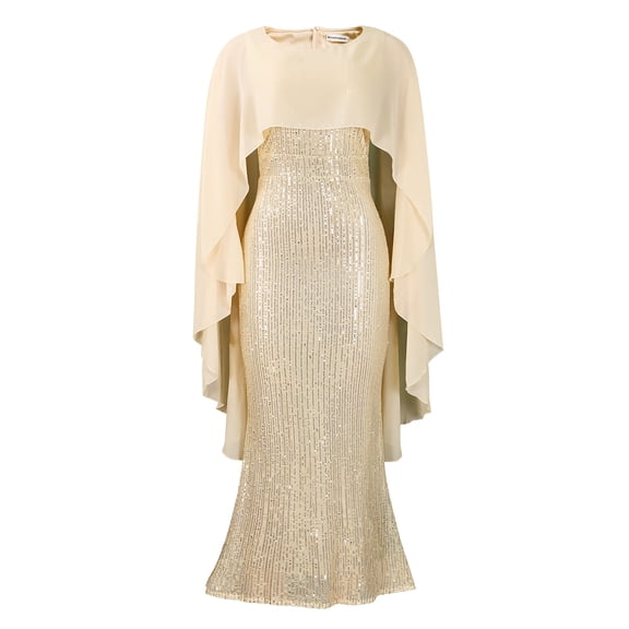 AURA Plus Size Spring Sequin Cape Mermaid Gown Elegant High Waist Long Party Dress XL XXXL