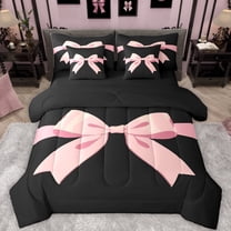 Feelyou Black Pink Bowknot Twin Bedding Sets 7-Piece for Girls, Kawaii Bow-tie Ribbon Bedding Comforter Set, Cute Princess Style Reversible Sheet Sets, Lightweight Room Decor