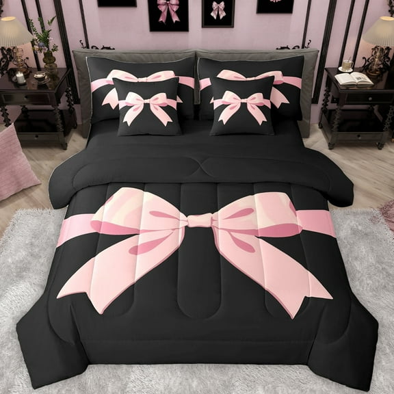 Feelyou Black Pink Bowknot Twin Bedding Sets 7-Piece for Girls, Kawaii Bow-tie Ribbon Bedding Comforter Set, Cute Princess Style Reversible Sheet Sets, Lightweight Room Decor