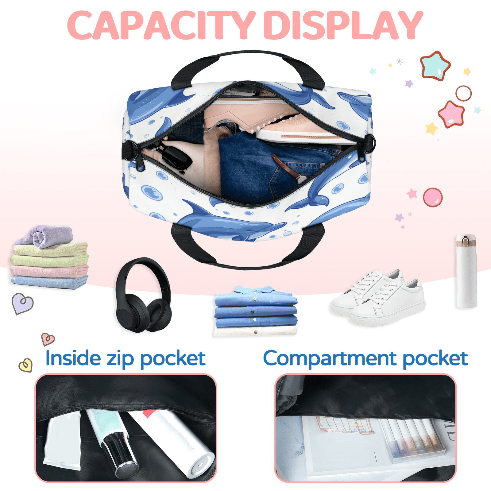 Herdesigns Dolphin Gym Bag for Women, Duffle Bag for Travel Sport, Sea Animal Lightweight Waterproof Carry on Weekender Dance Yoga Workout Bags