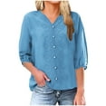 thumbnail image 2 of Dazajoo Women Cotton Linen Embroidered Tops 3/4 Lantern Sleeve Shirts 2025 Summer Loose V-Neck Boho Tees Vintage Blouses,Blue,XXL, 2 of 6