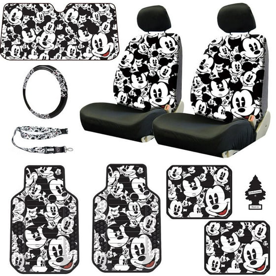 New Design Disney Mickey Mouse Sideless Car Seat Covers Floor Mats Steering Wheel Cover Lanyard Set With Air Freshener