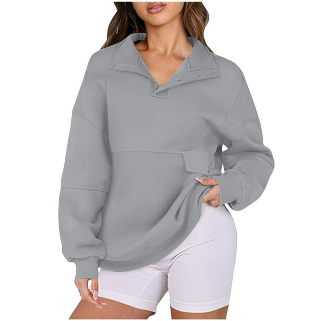 WEAIXIMIUNG Sweat à Capuche Zippé pour Femmes Léger Pull Uni Col en V Sans Capuche Manches Longues