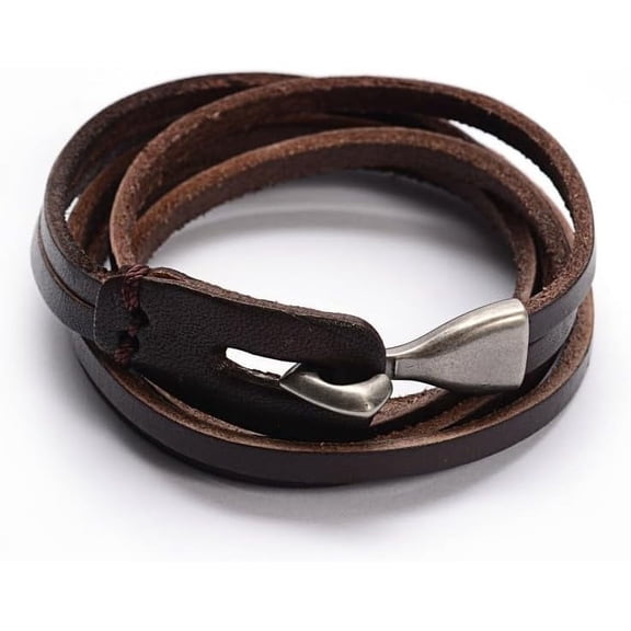 1pc Cowhide Leather Wrap Bracelets 3-Loop with Alloy Clasps Coconut Brown Antique Silver 23.6 inch(60cm) 8mm