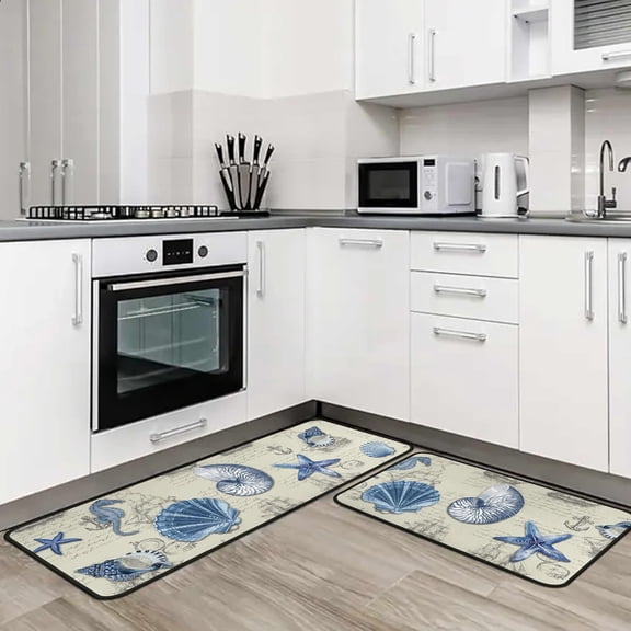 Ocean Theme Seashell Starfish Nautical Decorative Kitchen Rugs and Mats Set of 2, Kitchen Mats for Home Kitchen Decor 17"x47" 17"x30"
