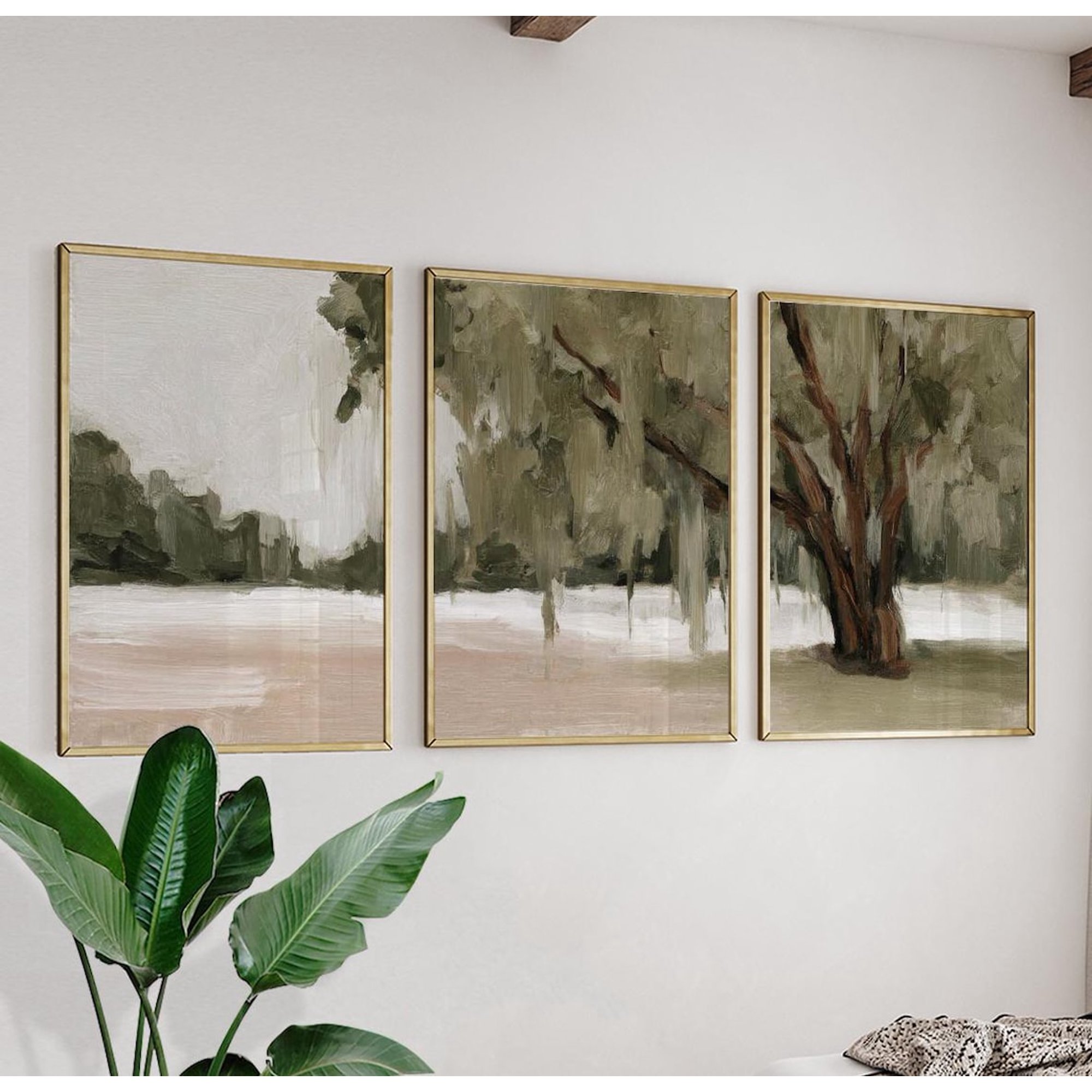 Set Of 3 Sage Green Landscape Tree Wall Art Prints Earthy Abstract Nature Triptych Modern Living Room And Office Decor