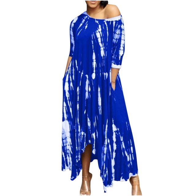 Vestido a media pierna con abertura en el bolsillo con teñido anudado y cuello redondo holgado informal con cuello redondo y manga tres cuartos a la moda Pompotops ghjkhdj12602