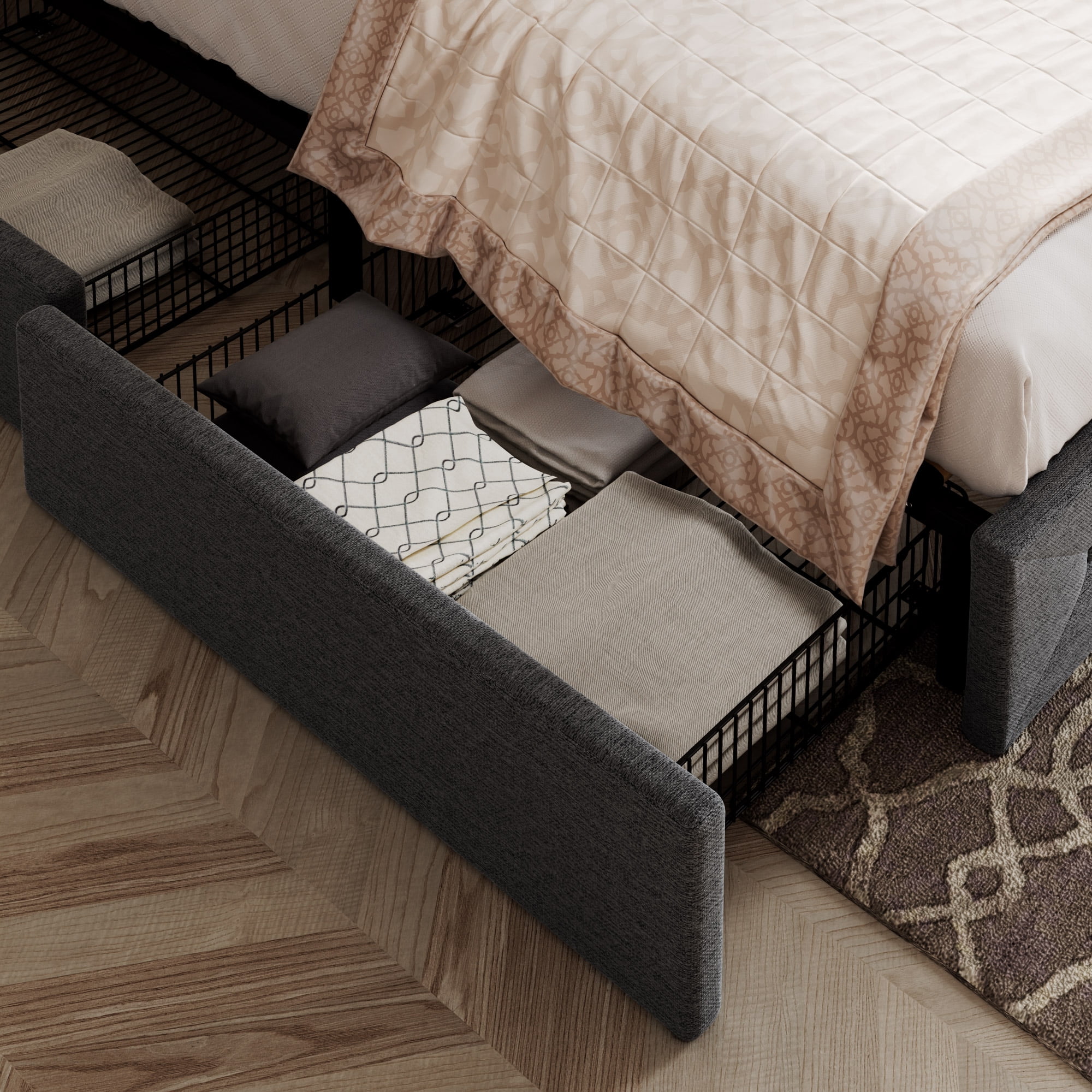 Allewie Light Grey Queen Platform Bed Frame with 4 Drawers