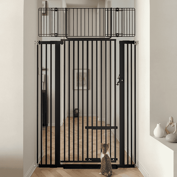 Pet Gate with Cat Door,Domipet 71 inch Extra Tall Dog Gate,29.5''-40.6''Wide Gate Pressure Mounted Full Door Pet Gate for Doorway Stairs,Black