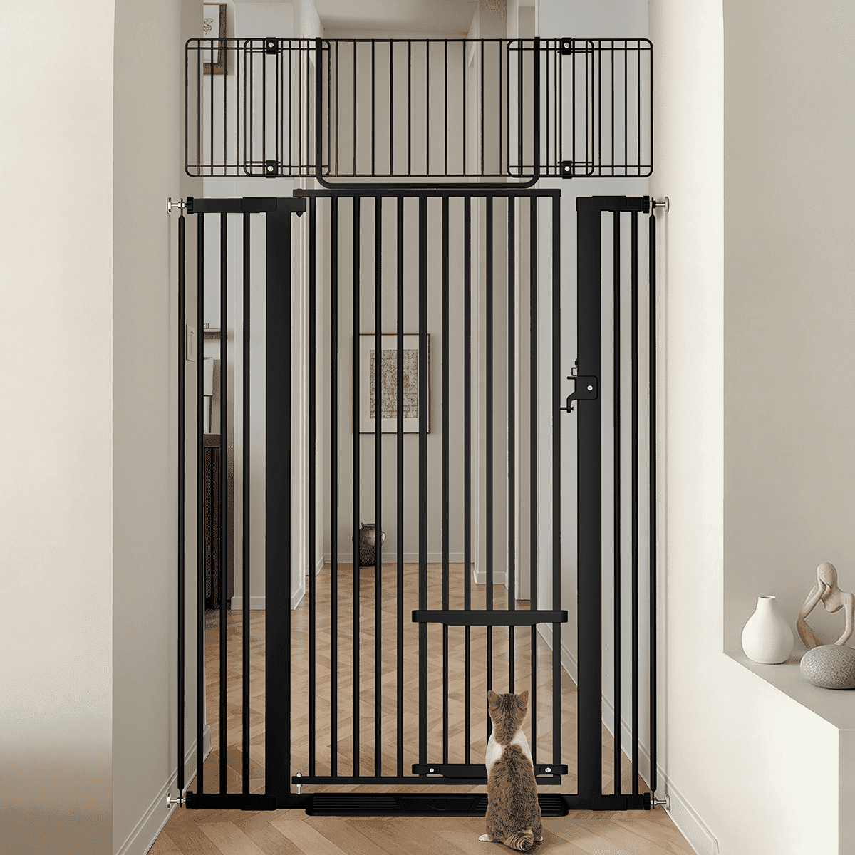 Pet Gate with Cat Door,Domipet 71 inch Extra Tall Dog Gate,29.5''-40.6''Wide Gate Pressure Mounted Full Door Pet Gate for Doorway Stairs,Black