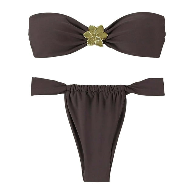 Swimming Suits for Women Solid Color Strapless Backless Gathering Separate Bikini Coffee Bathing Suit for Women XS