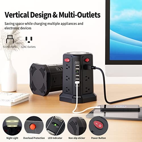 Power Strip Tower Surge Protector-Passus 12 Ampliamente tomacorrientes