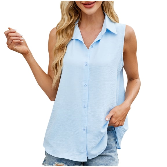 gakvbuo Women Summer Tank Button-Up Shirt Women'S Casual Solid Color Lapel Button Up Sleeveless Summer Tops