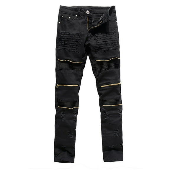 Men's Ripped Jeans Solid Color Straight Stretch Skinny Slim Fit Broken Casual Washed Denim Pants Trousers