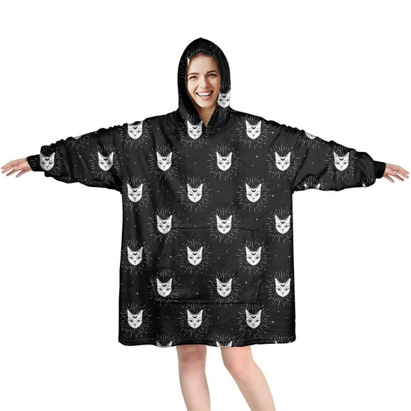Wearable Oversized Blanket,Black Cat Head Pattern Wearable Blanket Hoodie for Adults,Cozy Hooded Blankets with Super Pockets,Super Warm Fuzzy Pullover for Women & Men