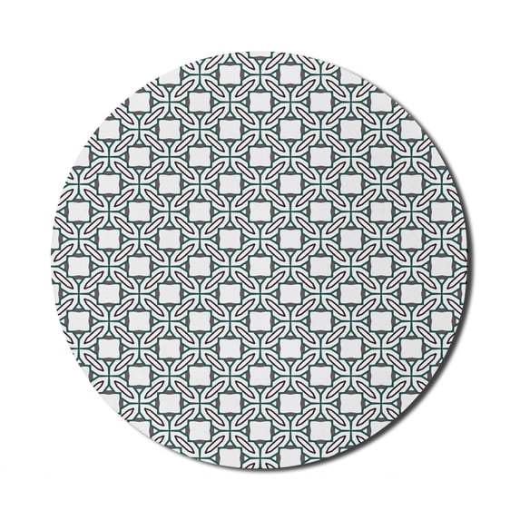 Abstract Mouse Pad for Computers, Repeating Prehistoric Style Damask Design with Circles and Squares, Round Non-Slip Thick Rubber Modern Gaming Mousepad, 8" Round, White Multicolor, by Ambesonne