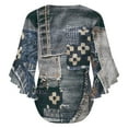 thumbnail image 6 of Denim Patchwork Women's V-Neck Blouse With 3/4 Ruffled Bell Sleeves Casual Top Ladies Blouses, 6 of 7