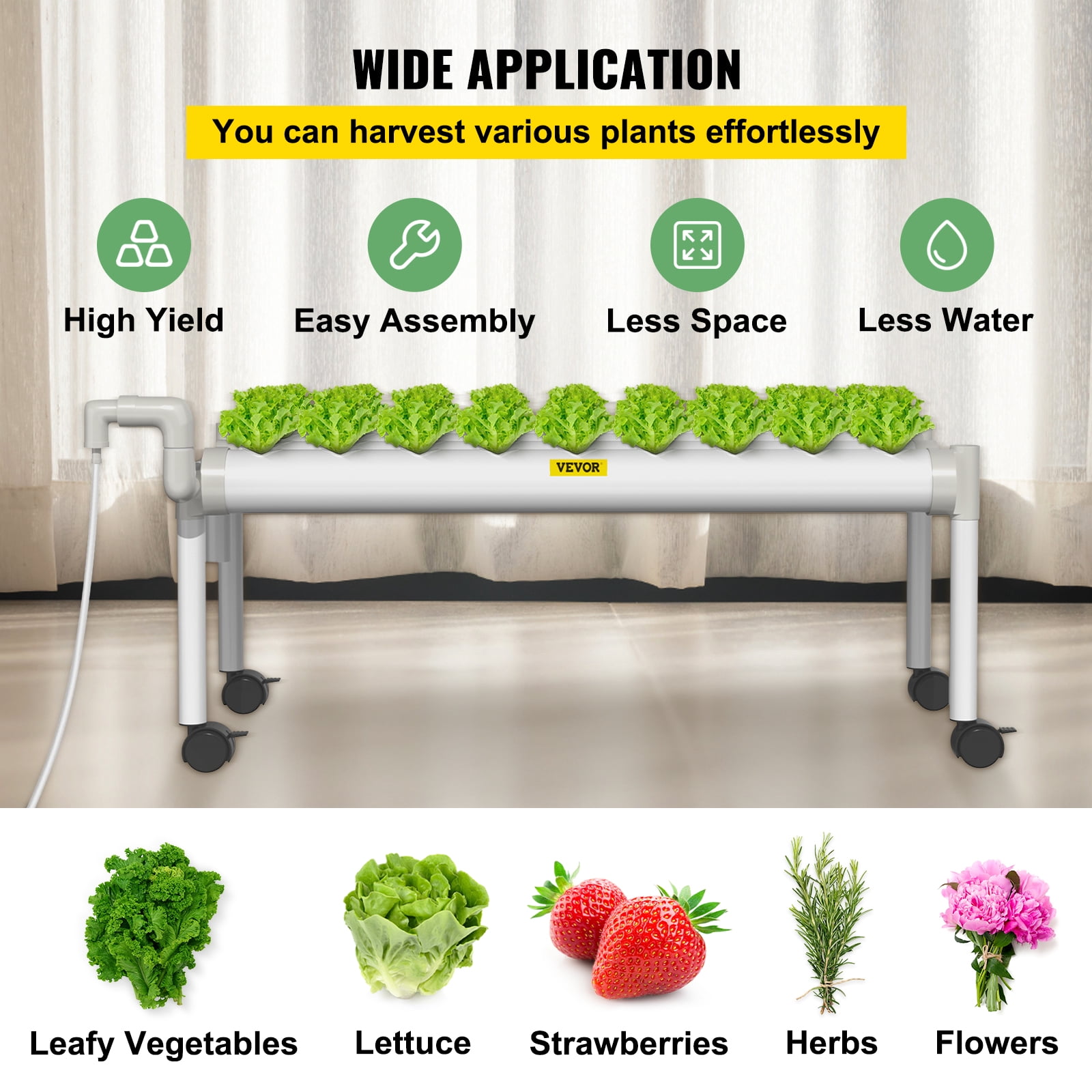 VEVOR Hydroponic Site Grow Kit 1 Layer 36 Plant Sites, 4 PVC Pipes Hydroponic Indoor Plant Growing System, Food-Grade Pipe Plant Grow Kit with Water Pump and Timer