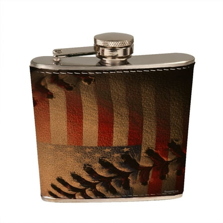 Leather Baseball Stitch - KuzmarK 6 oz. Leather Pocket Hip Liquor Flask - American Flag Baseball Stitch