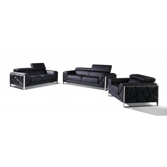 HomeRoots Three Piece Indoor Black Italian Leather Six Person Seating Set