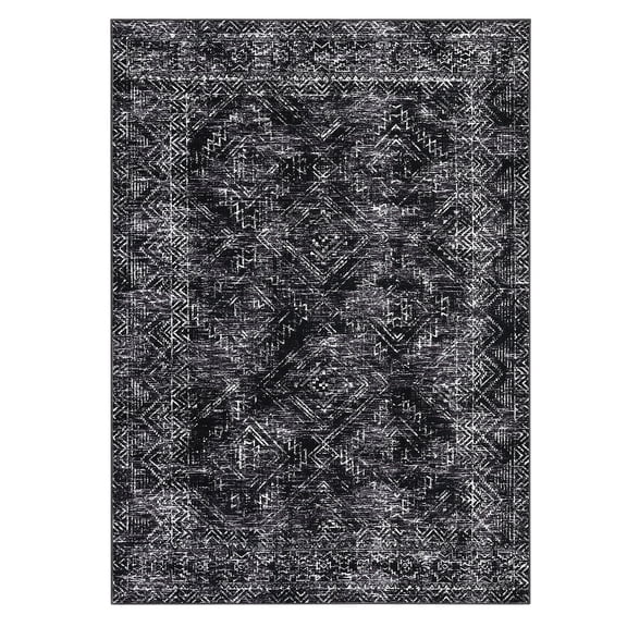 Modern Geometric Distressed Washable Area Rug – Large Non-Slip Spot Resistant Carpet for Living Room Bedroom Dining Office – Soft Low Pile – Black