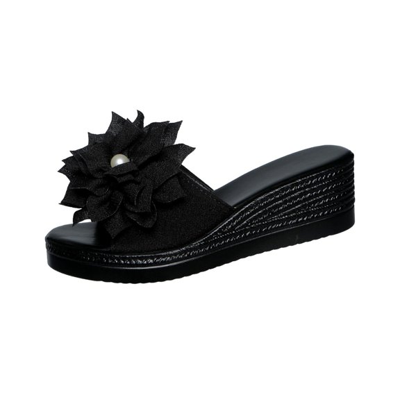 Shrysg Women's Peep Toe Wedge Slippers Lightweight Non-Slip Comfort Summer Party Beach Sandals Black