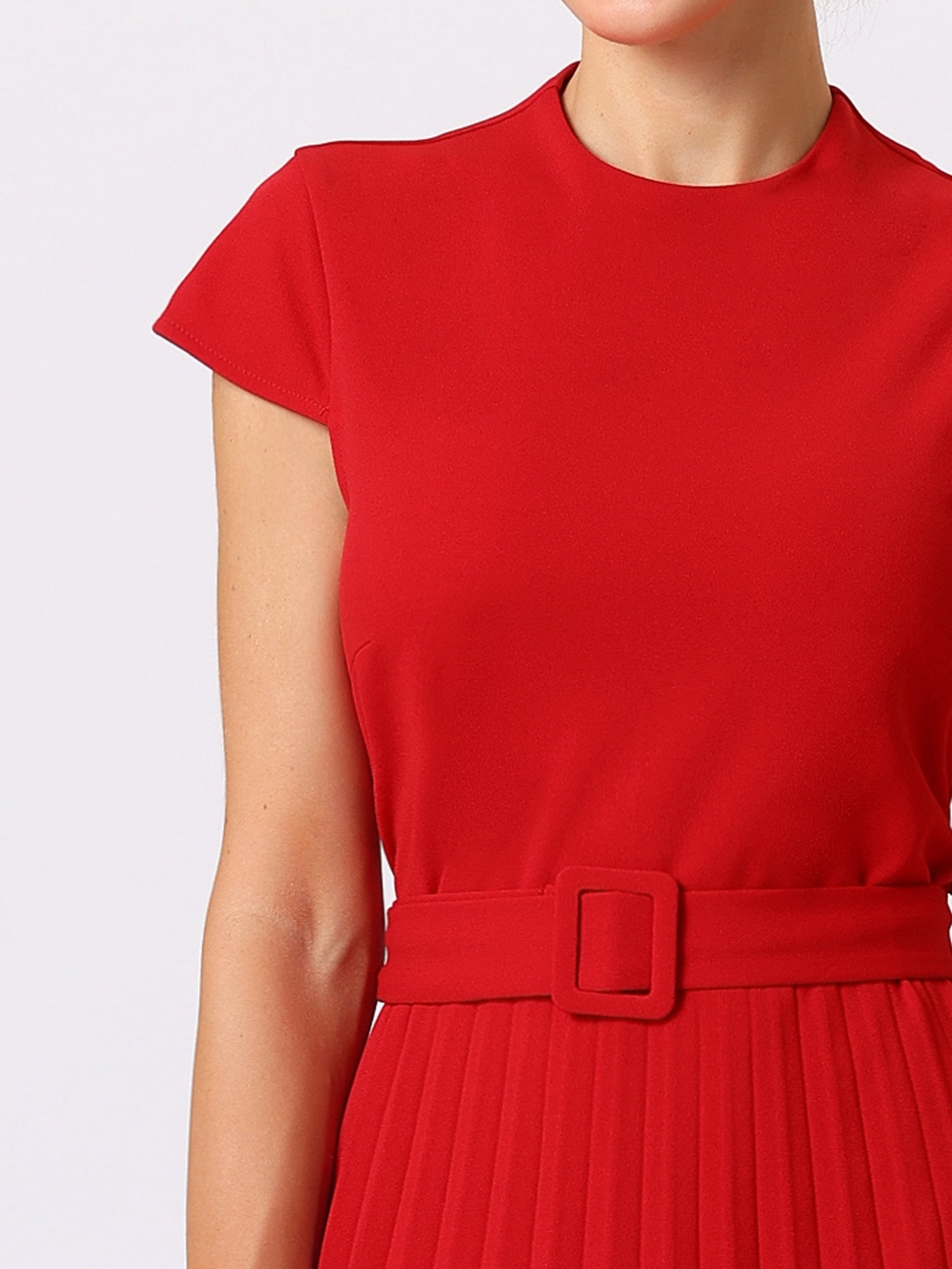 DARING DIVA Women's Mock Neck Cap Sleeve Belted A-Line Dress L Red
