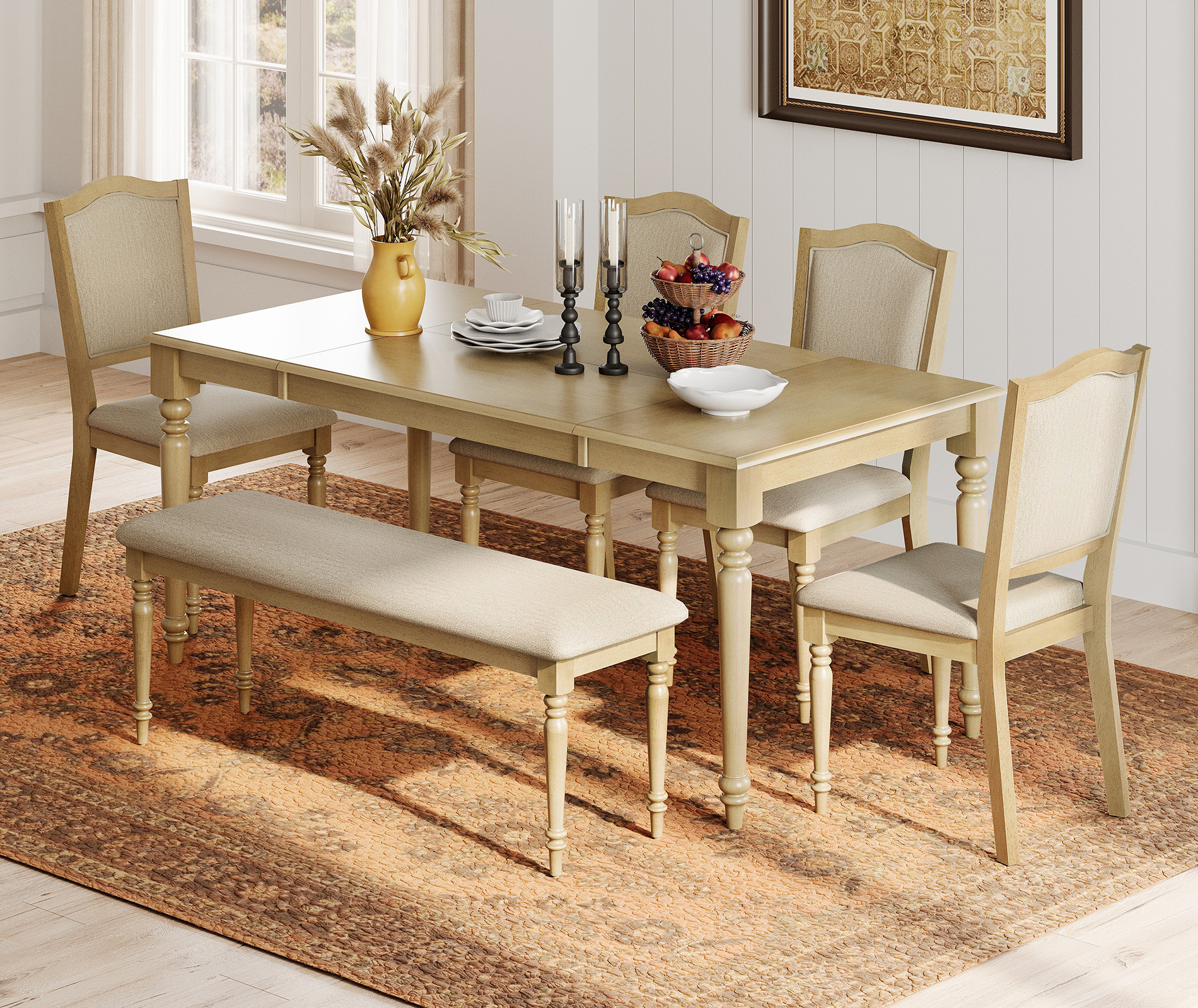 Farmhouse Dining Table for 6–8 People, Oak Dining Room Table with Solid Rubber Wood Legs for Kitchen