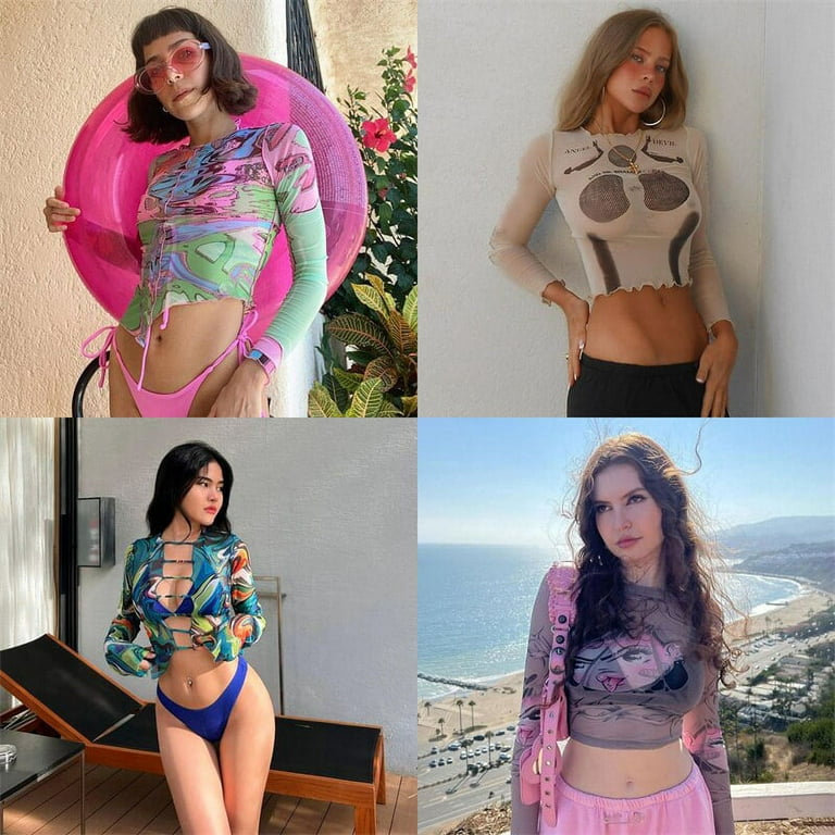 YCNYCHCHY Sexy Mall Goth Print Crop Tshirts Women Mesh Long Sleeve