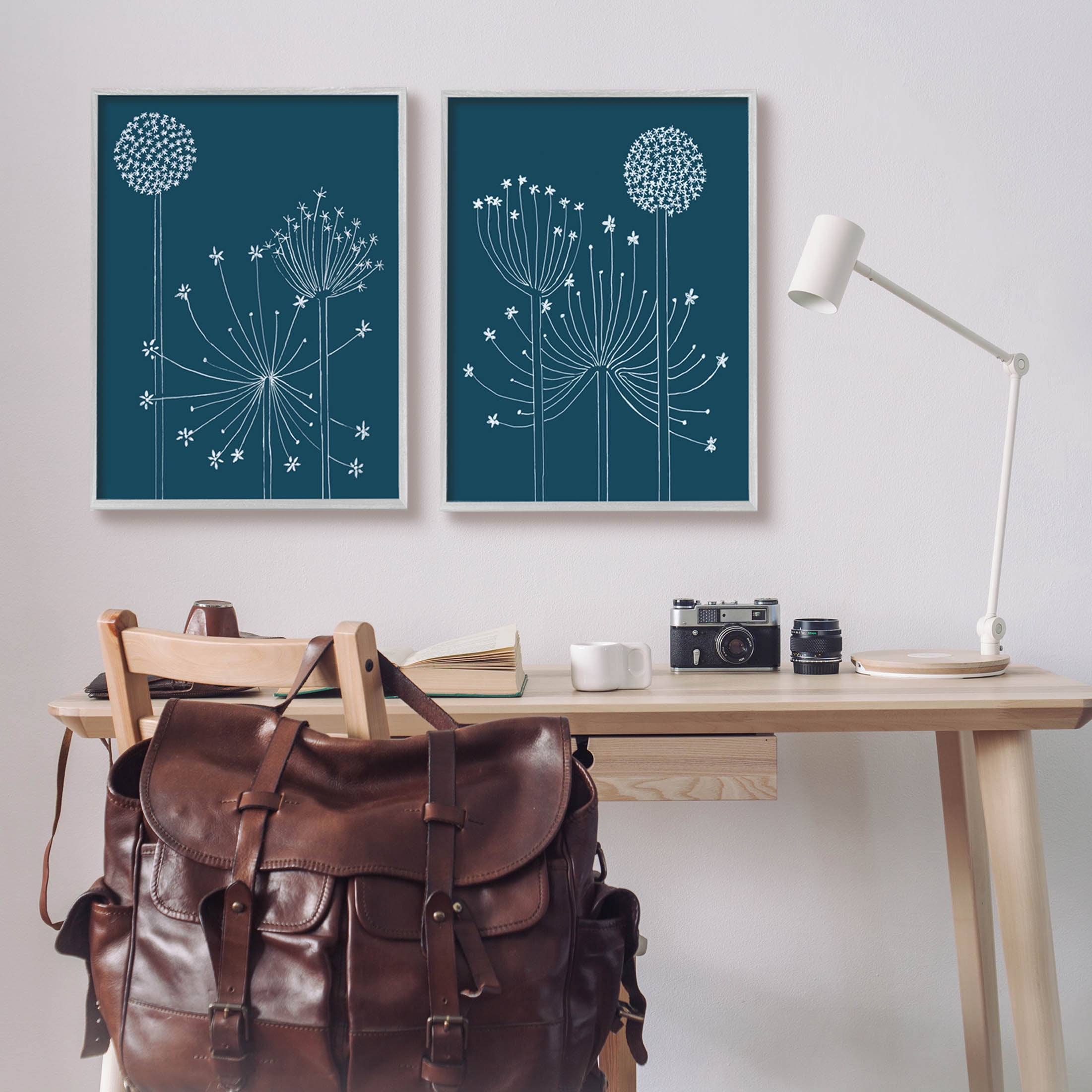 Stupell Industries Blooming Dandelions Line Drawing Graphic Art Gray Framed Art Print Wall Art, Set of 2, Design by Alicia Longley