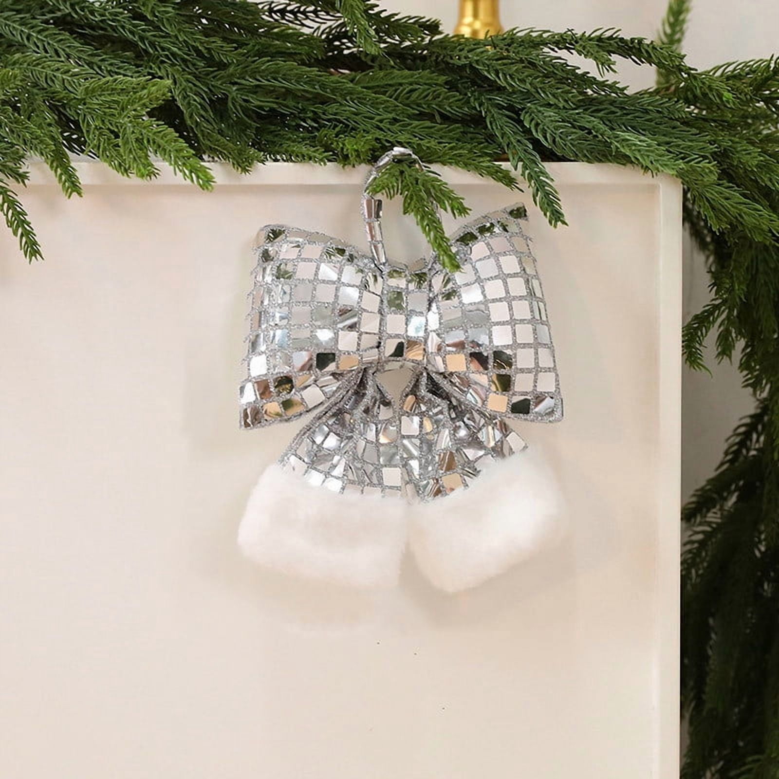 Bows For Christmas Tree,Christmas Bows Decorations,4pc Sequin Soft Christmas Bow Christmas Tree Ornaments Mirrored Sequin for Xmas Hanging Decor Indoor Outdoor Holiday Decor (Sliver,L)