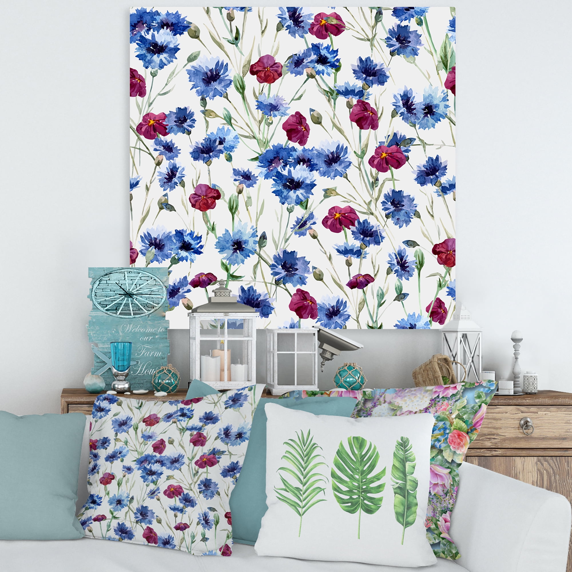 Designart ' Red and Blue Wildflowers ' Traditional Canvas Wall Art Print