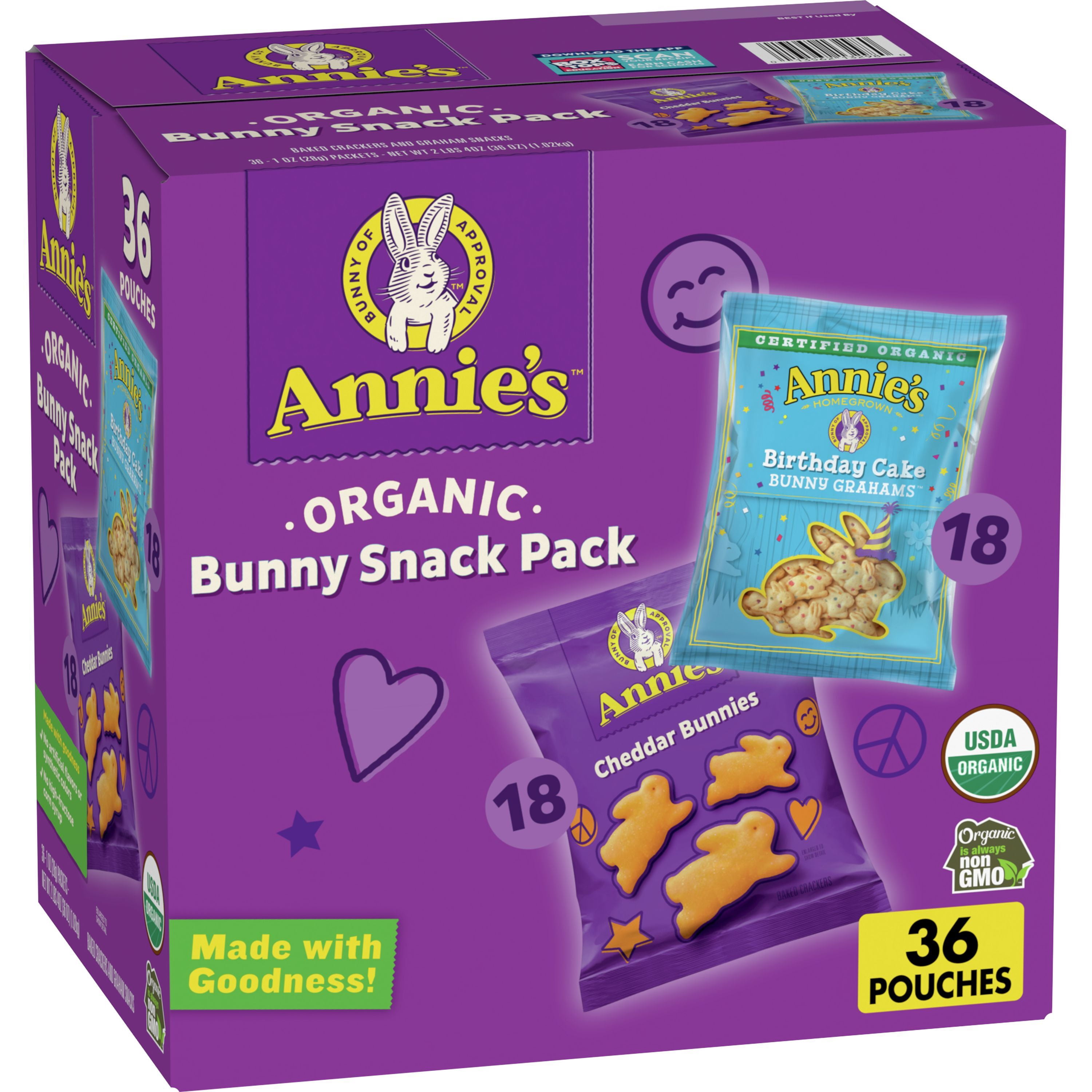 Annie's Organic Birthday Cake Bunny Grahams and Cheddar Bunnies Snack Pack 36 Count, 36 oz