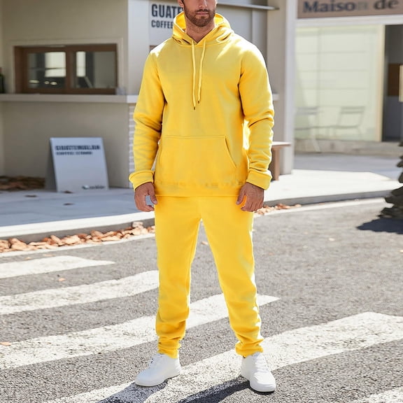 Fgvctg 2 Piece Sets for Men Winter Lounge Sets Travel Fleece Sweatsuits Plus Size Jogger Sweatpant Oversized Sweatshirt Tracksuits with Pockets Yellow XL