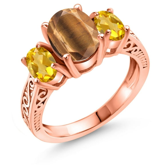 Gem Stone King 2.40 Ct Oval Brown Tiger Eye Yellow Citrine 18K Rose Gold Plated Silver Ring (Size 8)