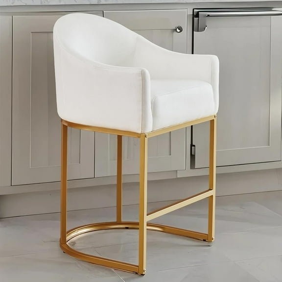 Counter Height Bar Stools Set of 2, 26" H Modern Barrel Stools with Arms & Backrest, Linen Upholstered Kitchen Island Chairs, Black Metal Frame (Oyster White Fabric)