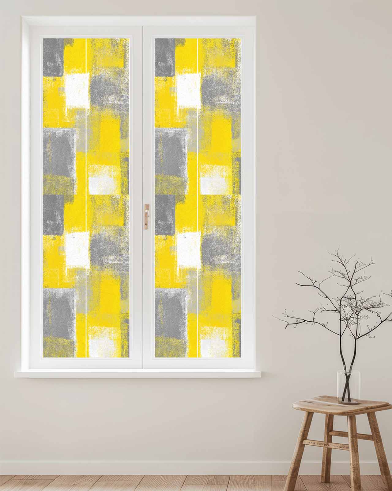 Window Privacy Film Yellow Grey Stained Glass Window Film Decorative Sun Block Window Cover Rustic Mottled Oil Painting Abstract Texture Window Clings Static Adhesive Sticker for Bathroom 23.6"x78.7"