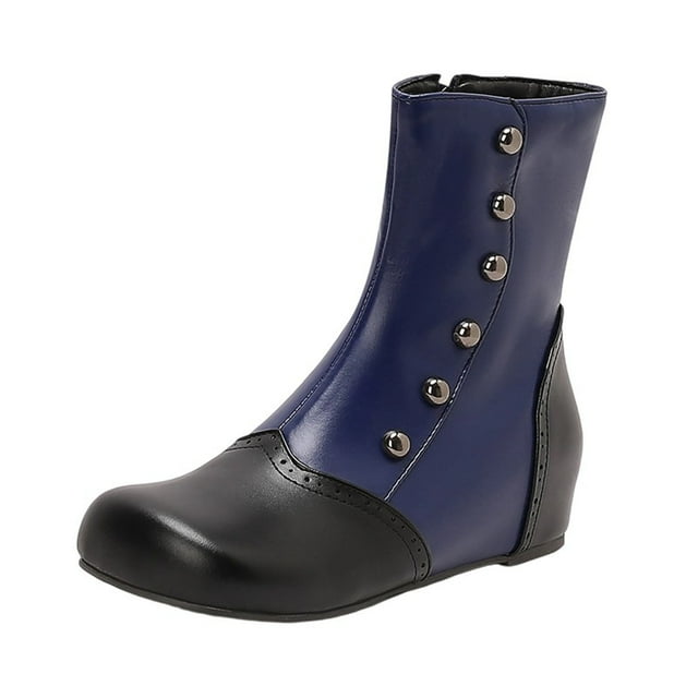 Bottes Cheville Bleues Décontractées d'Hiver à Bout Rond avec Design Color Block Semelle Plate pour Femmes en Cuir Pu Confortables