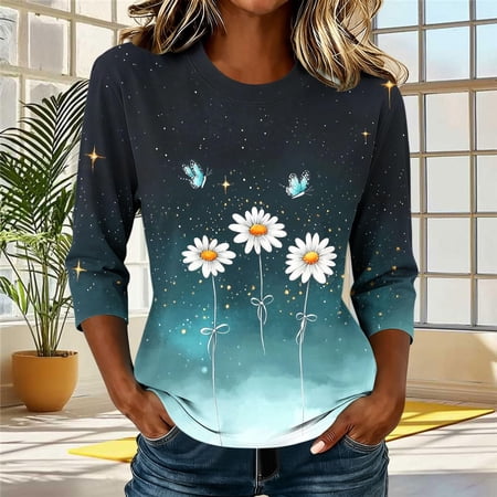 Women Tshirts Floral Print Crew Neck Long Sleeve Loose Tee Fade Resistant Shape Retentive Material Everyday Elegant Tees for Women