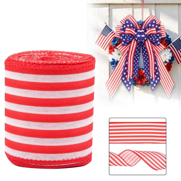 Party Supplies 1 Roll Patriotic Wired Ribbon 5 Yards Red White Stripe Glitter for 4th of July Wreaths Bows Crafts