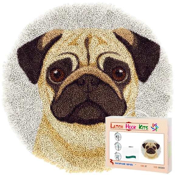 Latch Hook Rug Kit Cute Cartoon Pug Dog Stamped Handmade Round Shape Carpet Crochet Yarn Craft DIY Hook and Latch Door Mat Tapestry for Home Floor Decor 50x50cm(1)