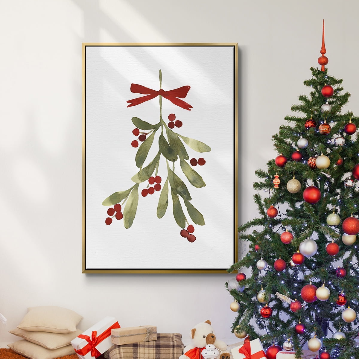 Mistletoe Bow I - Framed Gallery Wrapped Holiday Canvas - 25 x 37 - Gold Frame