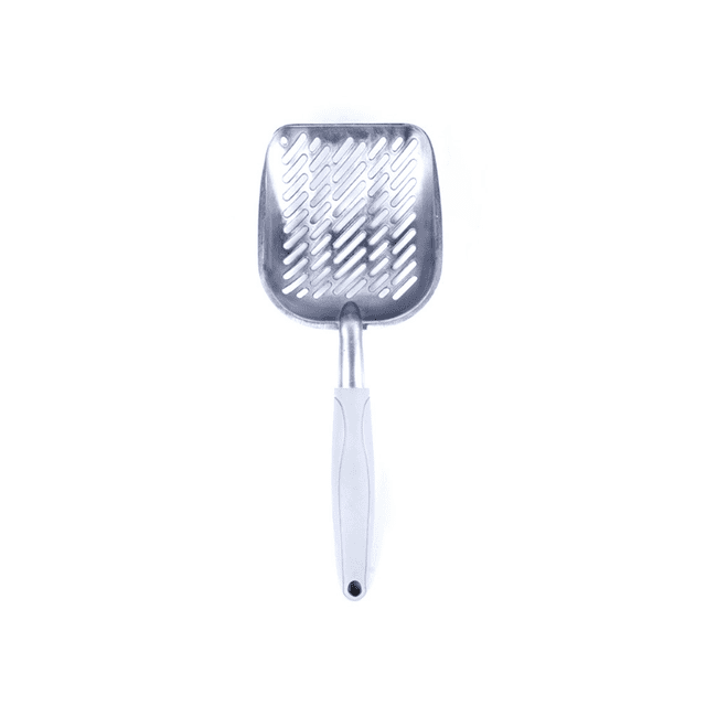 Pala para arena de gato de metal gris, pala de aleación de aluminio con mango de goma para mascotas, pala de tamizado duradera para mascotas