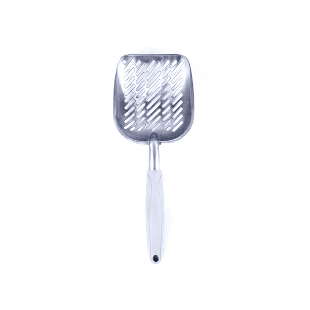 Pala para arena de gatos de metal gris, de aleación de aluminio con mango de goma, duradera y fácil de tamizar.