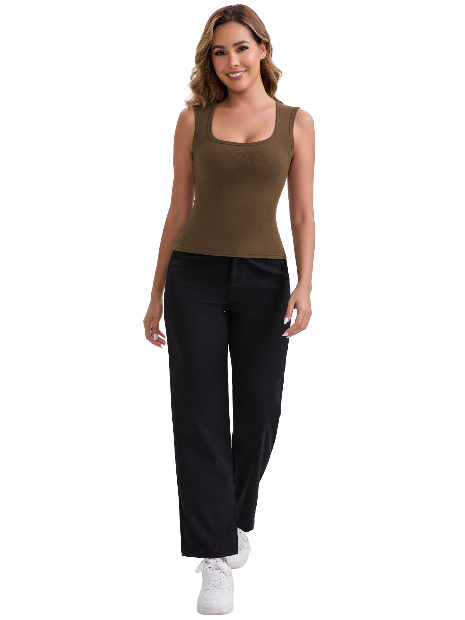 DARING DIVA Women's Wide Straps Square Neck Camisole Slimming Undershirt M Brown